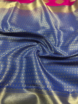 Hot Pink with Green and Blue color combination Traditional Satin Border Banarasi Handloom Soft Silk Saree - Kaash