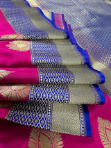 Hot Pink with Green and Blue color combination Traditional Satin Border Banarasi Handloom Soft Silk Saree | Silk Sarees - Kaash