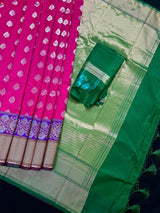 Hot Pink with Purple & Green Borders Banarasi saree in banarasi silk with floral buttis in silver zari with meenakari borders — Kaash Collection