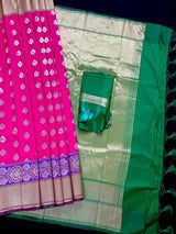Hot Pink with Purple & Green Borders Banarasi saree in banarasi silk with floral buttis in silver zari with meenakari borders — Kaash Collection
