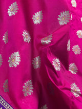 Hot Pink with Purple & Green Borders Banarasi saree in banarasi silk with floral buttis in silver zari with meenakari borders — Kaash Collection