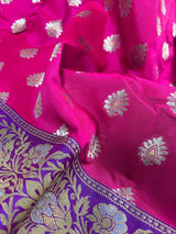 Hot Pink with Purple & Green Borders Banarasi saree in banarasi silk with floral buttis in silver zari with meenakari borders — Kaash Collection