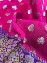 Hot Pink with Purple and Green color combination Traditional Border Banarasi Handloom Soft Silk Saree | Silk Sarees - Kaash