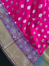 Hot Pink with Purple and Green color combination Traditional Border Banarasi Handloom Soft Silk Saree | Silk Sarees - Kaash