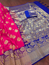 Hot Pink with Purple Border & Blue Pallu Banarasi saree in banarasi silk with gold buttas with 7.5" purple border — Kaash Collection