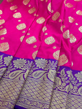 Hot Pink with Purple border and Blue Pallu combination Traditional Border Banarasi Handloom Soft Silk Saree | Silk Sarees - Kaash