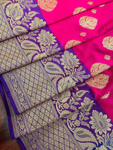 Hot Pink with Purple border and Blue Pallu combination Traditional Border Banarasi Handloom Soft Silk Saree | Silk Sarees - Kaash