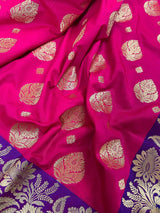 Hot Pink with Purple border and Blue Pallu combination Traditional Border Banarasi Handloom Soft Silk Saree | Silk Sarees - Kaash