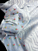 Ice Blue Color Linen blend with Cotton Silk Saree and Embroidery Floral buttis - Kaash