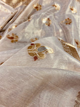 Off White with tint of Gold Linen Soft Tissue Silk Saree with Banarasi Borders and Pallu