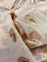 Off White with tint of Gold Linen Soft Tissue Silk Saree with Banarasi Borders and Pallu