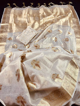 Off White with tint of Gold Linen Soft Tissue Silk Saree with Banarasi Borders and Pallu