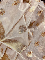Off White with tint of Gold Linen Soft Tissue Silk Saree with Banarasi Borders and Pallu