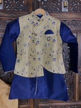 Boys 3pcs Kurta Pajama with Jacket in Floral Pattern Blue and Gold Combination