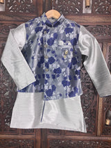Boys 3pcs Kurta Pajama with Jacket in Floral Pattern in Sliver and Blue | Kids Wear | Boys Ethnic Wear