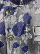 Boys 3pcs Kurta Pajama with Jacket in Floral Pattern in Sliver and Blue | Kids Wear | Boys Ethnic Wear