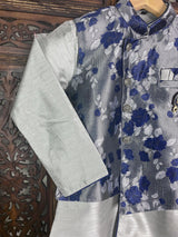Boys 3pcs Kurta Pajama with Jacket in Floral Pattern in Sliver and Blue | Kids Wear | Boys Ethnic Wear