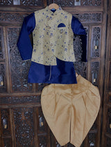 Boys 3pcs Kurta Pajama with Jacket in Floral Pattern Blue and Gold Combination