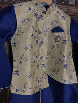 Boys 3pcs Kurta Pajama with Jacket in Floral Pattern Blue and Gold Combination