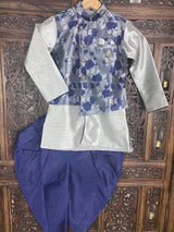 Boys 3pcs Kurta Pajama with Jacket in Floral Pattern in Sliver and Blue | Kids Wear | Boys Ethnic Wear