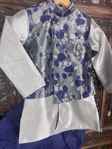 Boys 3pcs Kurta Pajama with Jacket in Floral Pattern in Sliver and Blue | Kids Wear | Boys Ethnic Wear