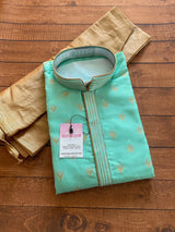 Designer Sea Green Soft Raw Silk Men Kurta Pajama Set with Zari Embroidery design | Peach Color Kurta