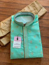 Designer Sea Green Soft Raw Silk Men Kurta Pajama Set with Zari Embroidery design | Peach Color Kurta