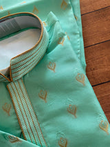 Designer Sea Green Soft Raw Silk Men Kurta Pajama Set with Zari Embroidery design | Peach Color Kurta