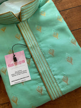 Designer Sea Green Soft Raw Silk Men Kurta Pajama Set with Zari Embroidery design | Peach Color Kurta