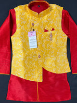 Yellow and Red Boys 3pcs Kurta Pajama with Jacket in Floral Pattern | Kids Wear | Boys Ethnic Wear | Boys Kurta Pajama