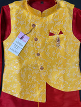 Yellow and Red Boys 3pcs Kurta Pajama with Jacket in Floral Pattern | Kids Wear | Boys Ethnic Wear | Boys Kurta Pajama