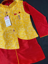 Yellow and Red Boys 3pcs Kurta Pajama with Jacket in Floral Pattern | Kids Wear | Boys Ethnic Wear | Boys Kurta Pajama