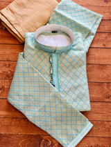 Sky Blue Soft Raw Silk designer Men Kurta Pajama with Self Design material with facy buttons | Mens Ethnic Wear | Kaash Collection