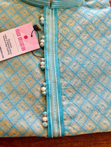 Sky Blue Soft Raw Silk designer Men Kurta Pajama with Self Design material with facy buttons | Mens Ethnic Wear | Kaash Collection