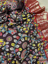 Statement Chocolate Brown Soft Crepe Kalamkari Printed Saree with Elegant Banarasi Borders | A Blend of Heritage Art & Modern Grace
