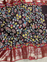 Statement Chocolate Brown Soft Crepe Kalamkari Printed Saree with Elegant Banarasi Borders | A Blend of Heritage Art & Modern Grace
