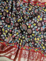 Statement Chocolate Brown Soft Crepe Kalamkari Printed Saree with Elegant Banarasi Borders | A Blend of Heritage Art & Modern Grace