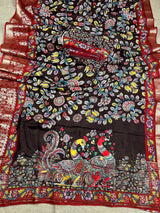 Statement Chocolate Brown Soft Crepe Kalamkari Printed Saree with Elegant Banarasi Borders | A Blend of Heritage Art & Modern Grace