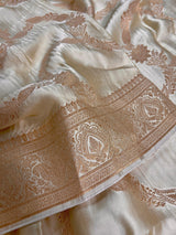 Statement Creamy Gold Color Pure Banarasi Satin Silk Saree with Handwoven Gold Zari Weaved Saree | Silk Mark Certified | Kaash Collection