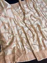 Statement Creamy Gold Color Pure Banarasi Satin Silk Saree with Handwoven Gold Zari Weaved Saree | Silk Mark Certified | Kaash Collection