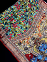 Teal Blue Pure Linen by Linen with Zari Border | Radha-Krishna Images on the Pallu | Linen Saree | Digital Printed Linen Sarees