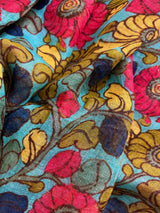 Teal Blue Pure Linen by Linen with Zari Border | Radha-Krishna Images on the Pallu | Linen Saree | Digital Printed Linen Sarees