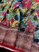 Teal Blue Pure Linen by Linen with Zari Border | Radha-Krishna Images on the Pallu | Linen Saree | Digital Printed Linen Sarees