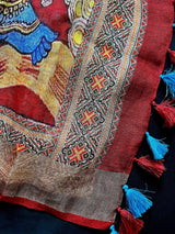 Teal Blue Pure Linen by Linen with Zari Border | Radha-Krishna Images on the Pallu | Linen Saree | Digital Printed Linen Sarees