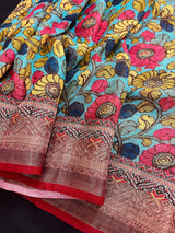 Teal Blue Pure Linen by Linen with Zari Border | Radha-Krishna Images on the Pallu | Linen Saree | Digital Printed Linen Sarees