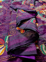 Wine Color Kantha Stitch Saree | Bangalori Silk Saree | Handwoven Kantha Stitch Saree | Multi Color Kantha Stitch Silk Saree