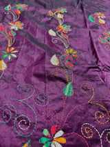 Wine Color Kantha Stitch Saree | Bangalori Silk Saree | Handwoven Kantha Stitch Saree | Multi Color Kantha Stitch Silk Saree