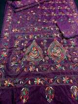 Wine Color Kantha Stitch Saree | Bangalori Silk Saree | Handwoven Kantha Stitch Saree | Multi Color Kantha Stitch Silk Saree