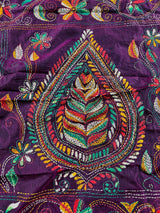 Wine Color Kantha Stitch Saree | Bangalori Silk Saree | Handwoven Kantha Stitch Saree | Multi Color Kantha Stitch Silk Saree