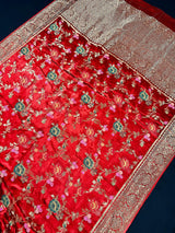 Statement Red Color Pure Satin Silk Saree with Handwoven Floral Meenakari Floral Jaal Weave | SILK MARK CERTIFIED